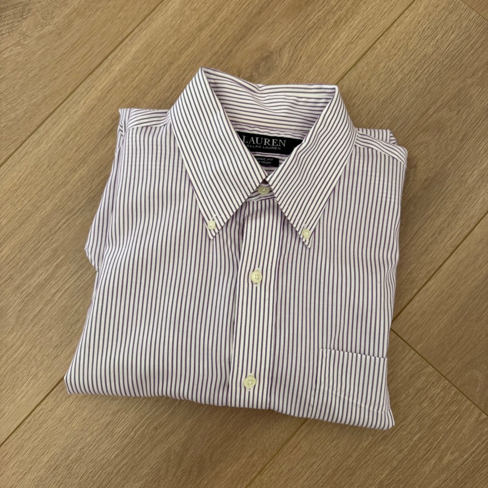 Lauren Ralph Lauren Men Classic Fit Non Iron Striped Dress Shirt Purple 16 34/35 - Picture 1 of 6